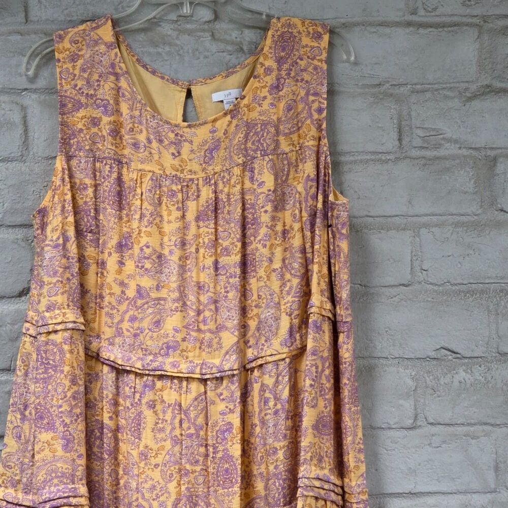 J. Jill Yellow Purple Paisley Tiered Maxi Dress Pleated Sleeveless XL Tall - Picture 4 of 9